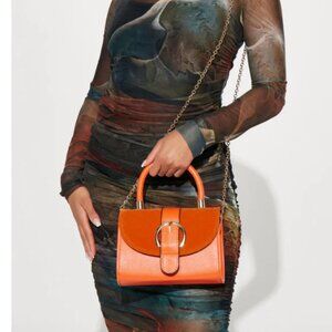 Orange Satchel Bag Faux Leather Buckle Design Detail Chain Strap